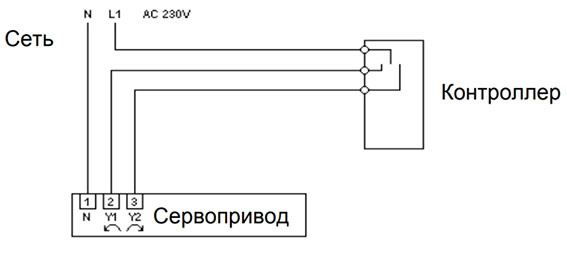 Электрическая схема подключения 3-позиционного сервопривода Meibes (арт. ME 66341)
